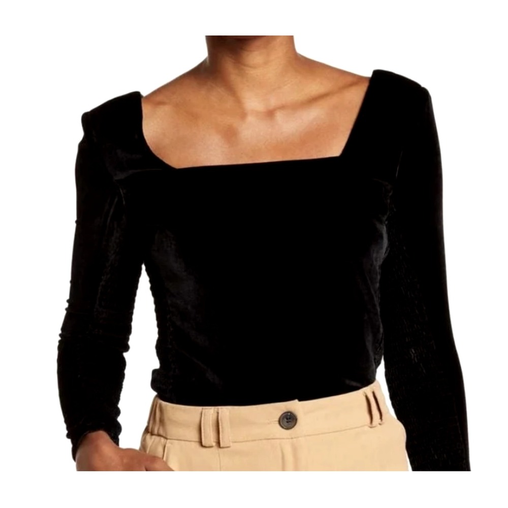 Rebecca Taylor Womens Long Sleeve Velvet Smocked Top Sz 8 Black Square Neck